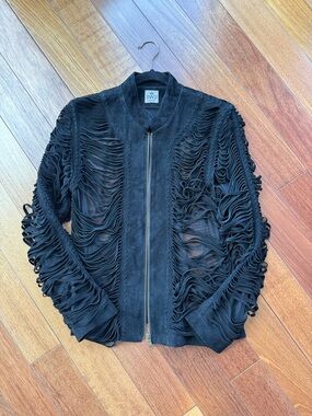 UNIQUE! Super cool! SW3 Bespoke Black Suede Fringe Bomber Jacket
